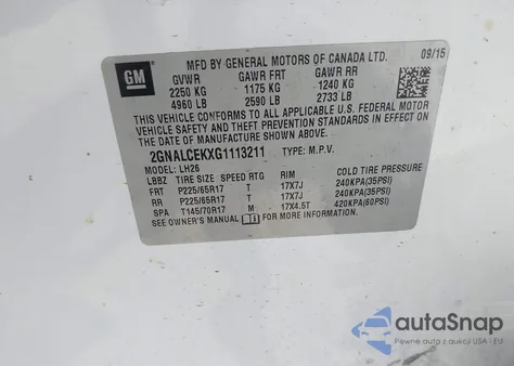 2016 Chevrolet Equinox Lt из США, поврежденный, VIN 2GNALCEKXG1113211